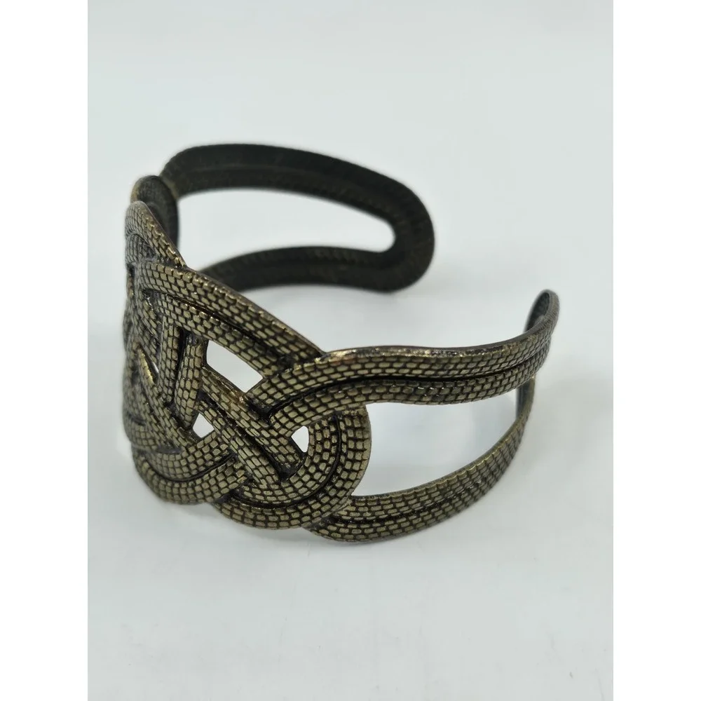 Vintage Wide Bronze Celtic Knot Cuff Bracelet Snakeskin Textured Openwork Boho
